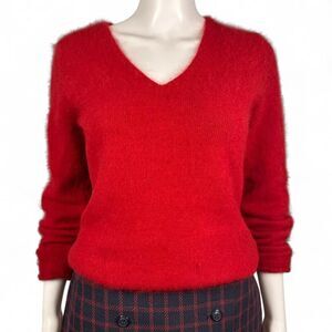 Carole Little-vintage Women's Red Angora blend Fuzzy V neck Sweater M